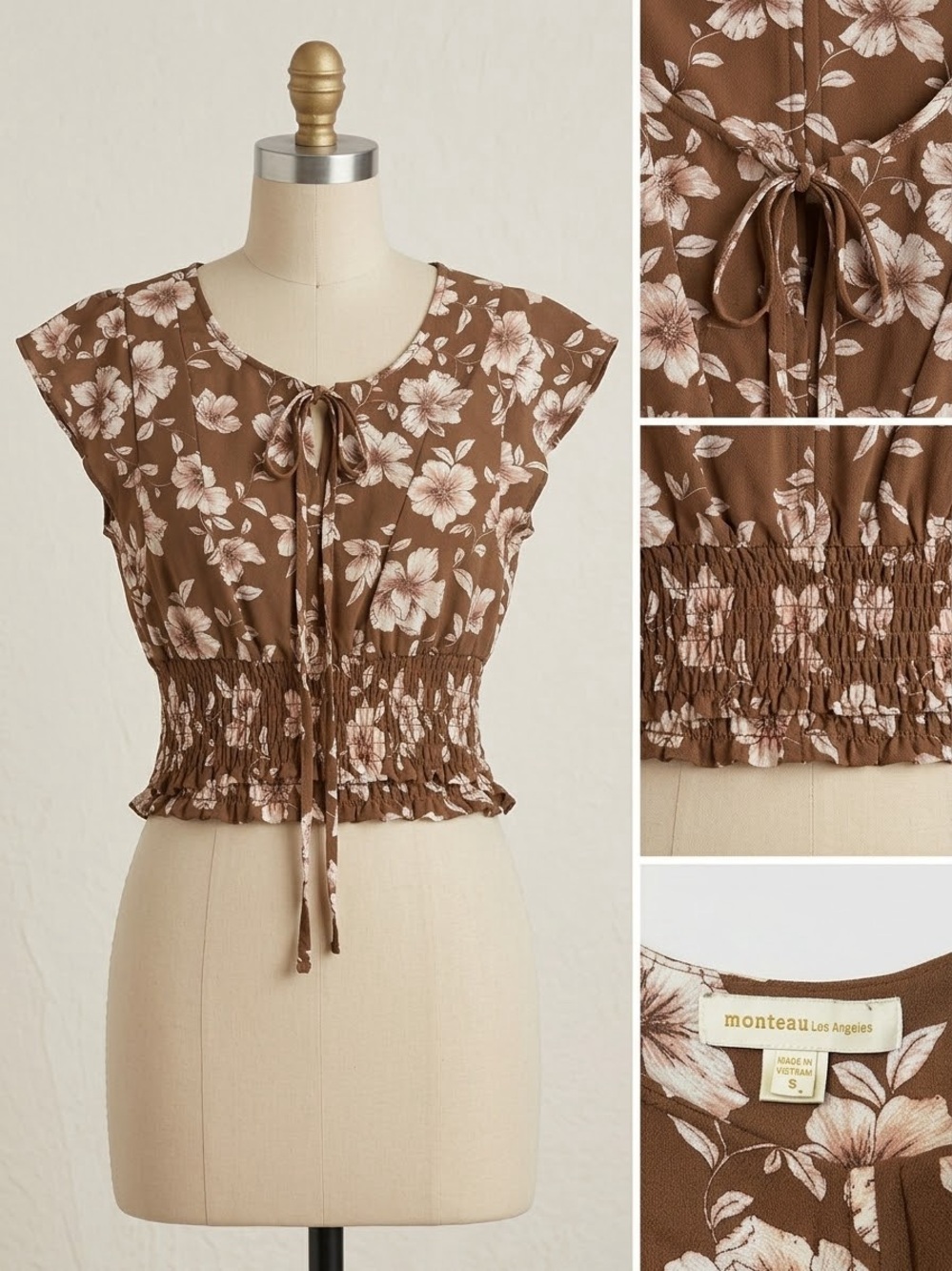 Monteau Brown Floral Tie-Neck Smocked Crop Top